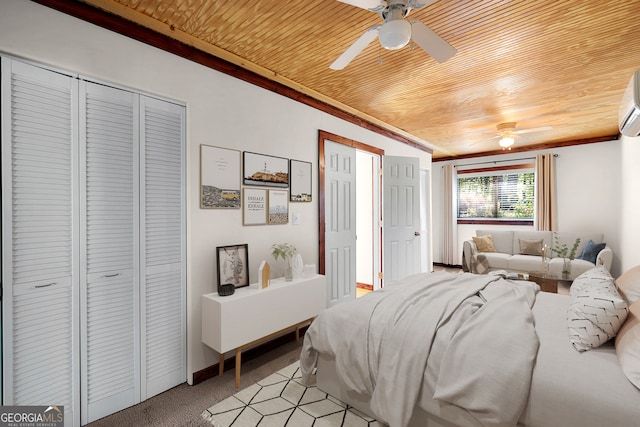 bedroom featuring ceiling fan, an AC wall unit, light colored carpet, and wooden ceiling