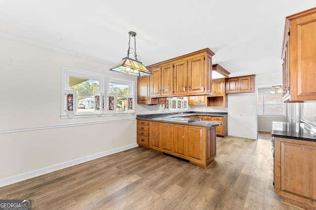 kitchen with sink, decorative light fixtures, kitchen peninsula, and hardwood / wood-style flooring