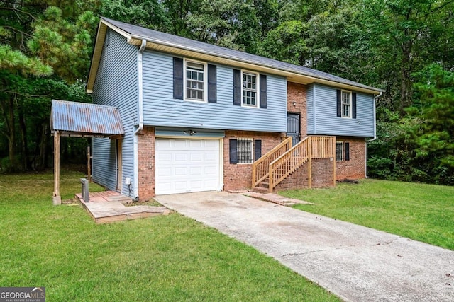 bi-level home featuring a front yard and a garage