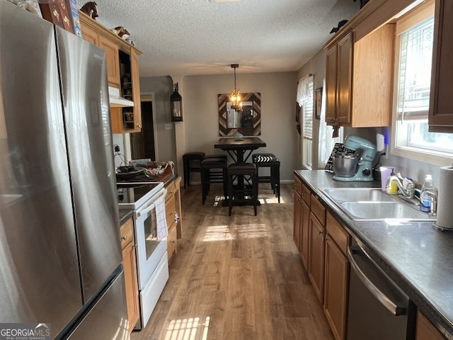 kitchen featuring appliances with stainless steel finishes, sink, a textured ceiling, hardwood / wood-style floors, and pendant lighting