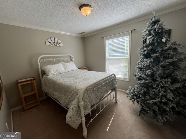 carpeted bedroom featuring crown molding and a textured ceiling