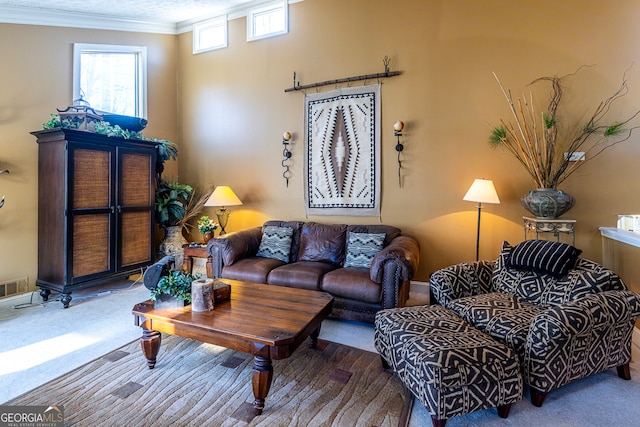 carpeted living room featuring ornamental molding