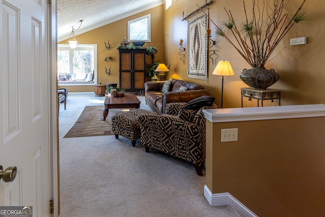 carpeted living room featuring a textured ceiling, vaulted ceiling, and crown molding