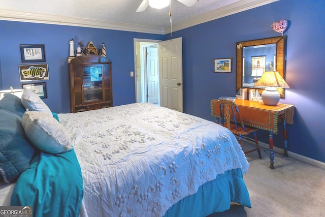 bedroom with carpet floors, ceiling fan, and crown molding