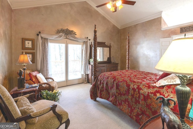 carpeted bedroom featuring access to exterior, high vaulted ceiling, ceiling fan, and crown molding