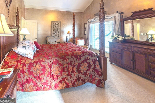 carpeted bedroom featuring crown molding