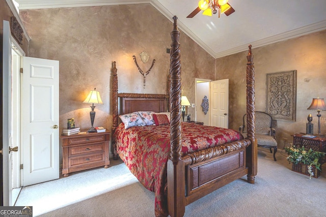 carpeted bedroom featuring high vaulted ceiling, ceiling fan, and crown molding