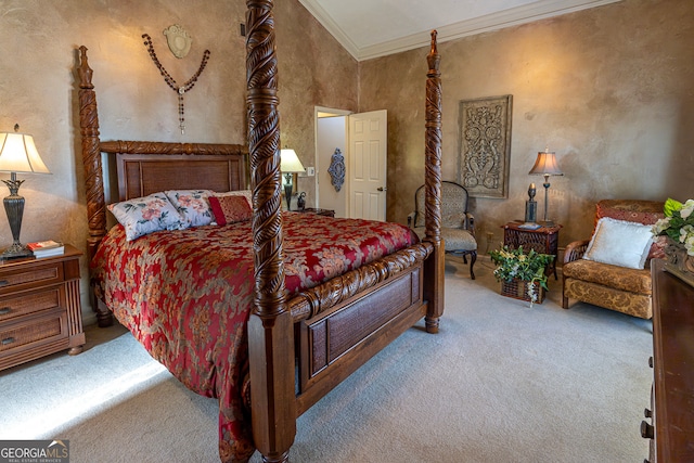 carpeted bedroom with ornamental molding