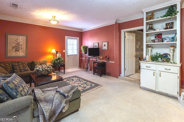 carpeted living room with ornamental molding and a textured ceiling