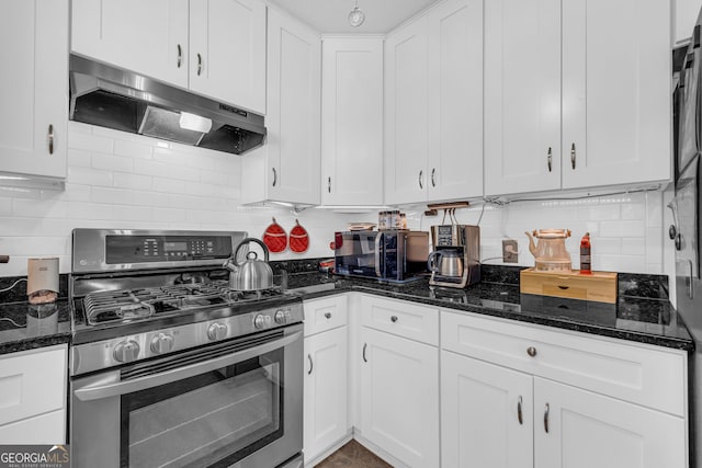 kitchen featuring decorative backsplash, white cabinets, and stainless steel range with gas stovetop