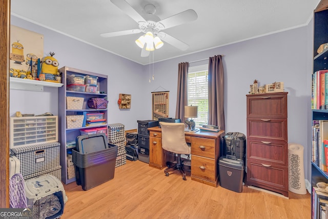 office with ornamental molding, light wood-type flooring, and ceiling fan