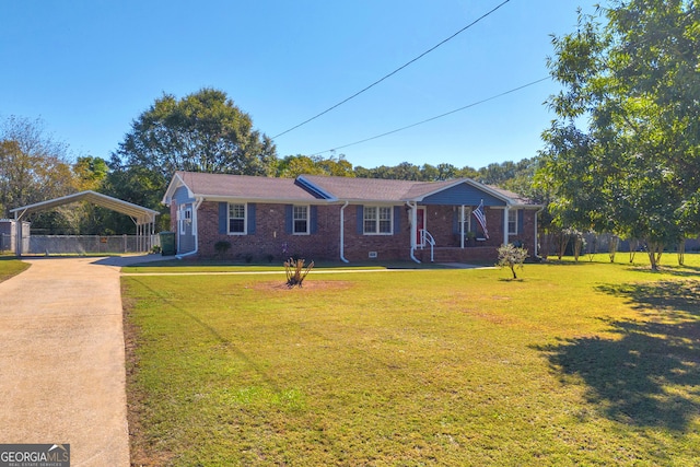 ranch-style house with a front yard and a carport