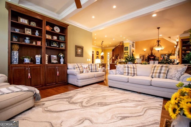 living room featuring crown molding, dark hardwood / wood-style floors, and ceiling fan