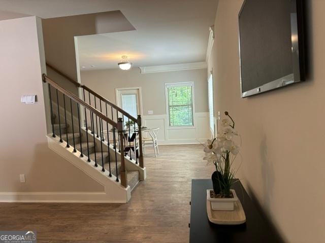 entryway with ornamental molding and wood-type flooring