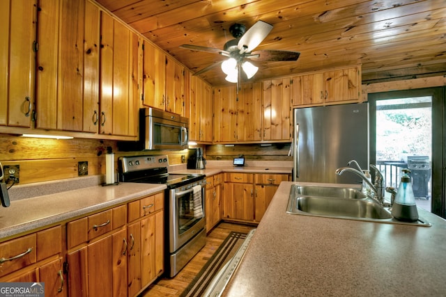 kitchen with sink, ceiling fan, wood walls, wood ceiling, and stainless steel appliances