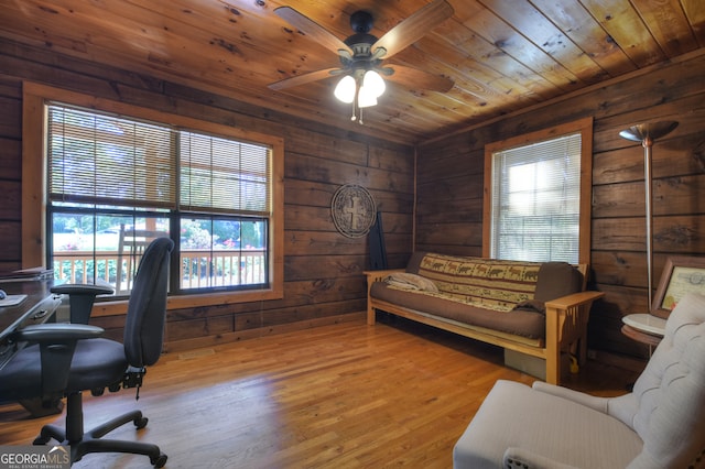 office space featuring light hardwood / wood-style flooring, ceiling fan, wooden ceiling, and wood walls