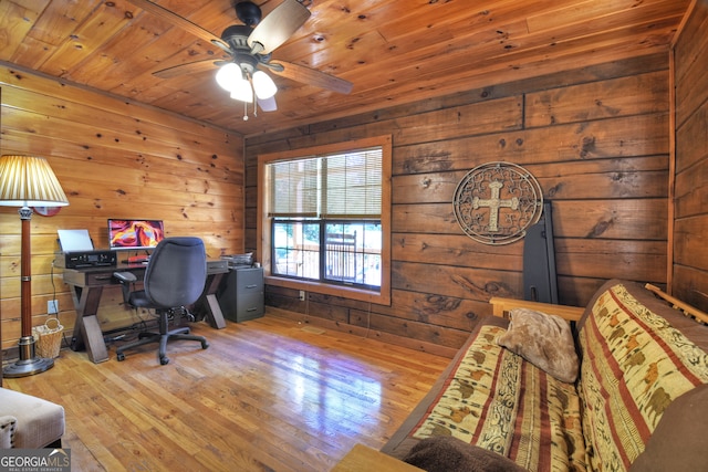 home office featuring wood walls, wood ceiling, and light wood-type flooring