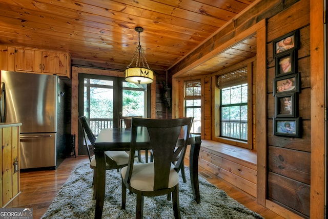 dining room with hardwood / wood-style floors, wooden walls, and wood ceiling