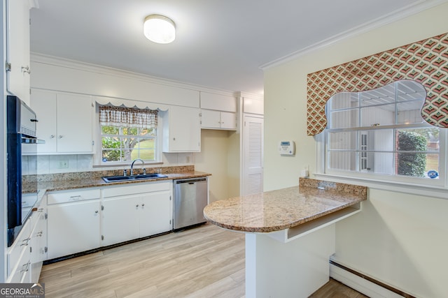 kitchen featuring a baseboard heating unit, sink, light hardwood / wood-style floors, white cabinets, and stainless steel dishwasher