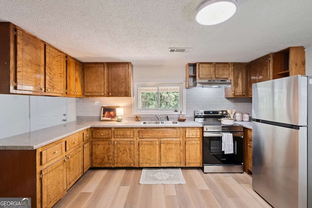 kitchen with decorative backsplash, sink, stainless steel appliances, and light hardwood / wood-style floors