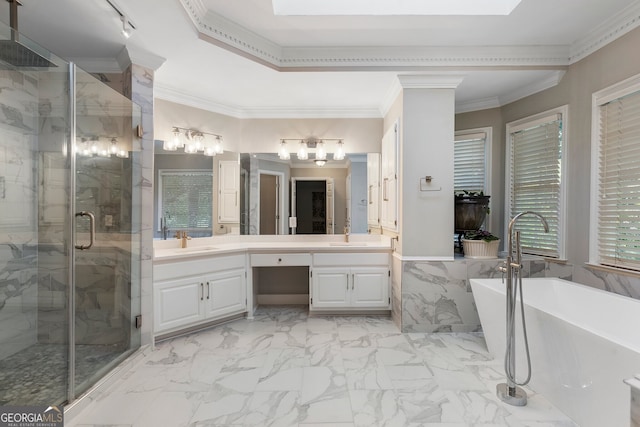 bathroom with vanity, ornamental molding, and plus walk in shower