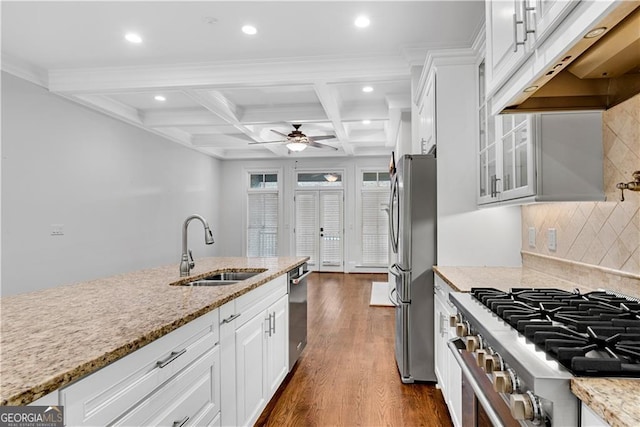 3637 Habersham Rd NW Unit 46, Atlanta, GA 30305 - kitchen featuring custom exhaust hood, stainless steel appliances, recessed lighting, glass insert cabinets, and dark wood finished floors