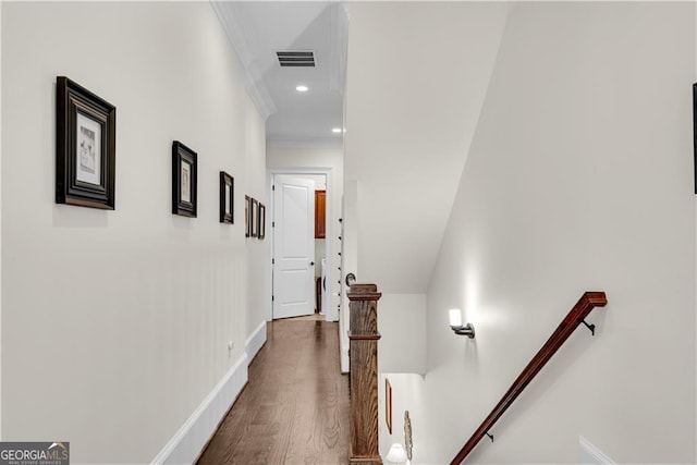 3637 Habersham Rd NW Unit 46, Atlanta, GA 30305 - hall with crown molding, an upstairs landing, dark wood finished floors, and recessed lighting