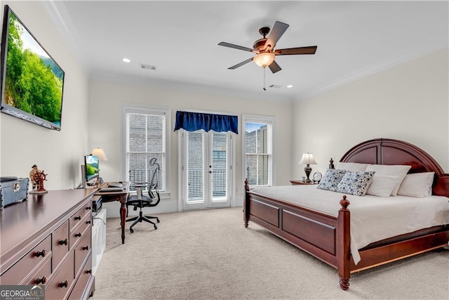 bedroom with ornamental molding, access to exterior, light colored carpet, and ceiling fan