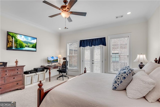 bedroom featuring french doors, access to outside, carpet, crown molding, and ceiling fan