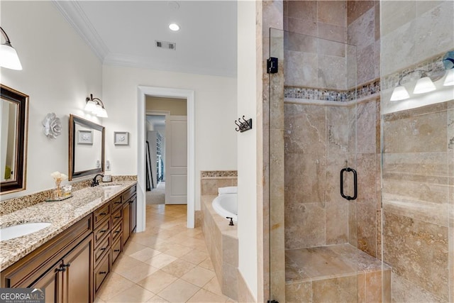 bathroom with vanity, separate shower and tub, ornamental molding, and tile patterned floors