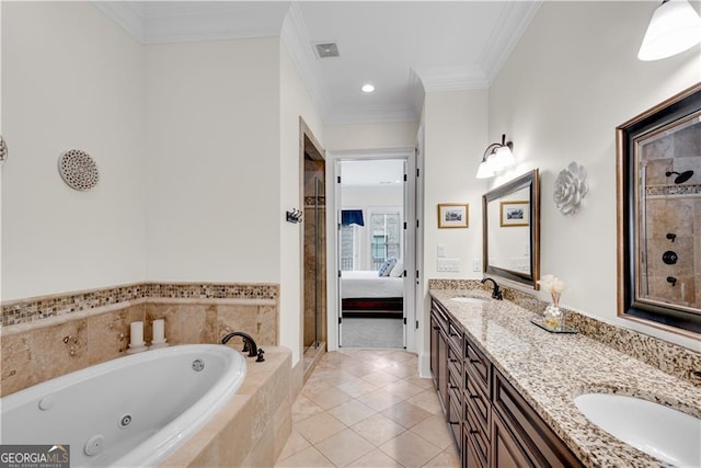 bathroom featuring vanity, crown molding, tile patterned floors, and separate shower and tub