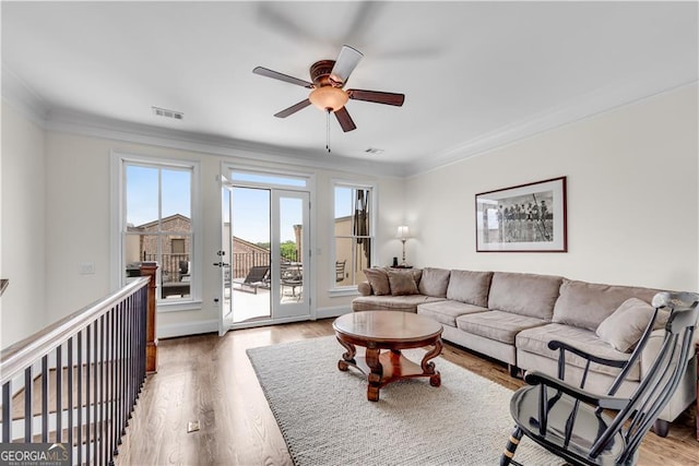 3637 Habersham Rd NW Unit 46, Atlanta, GA 30305 - living room featuring plenty of natural light, a ceiling fan, crown molding, and wood finished floors