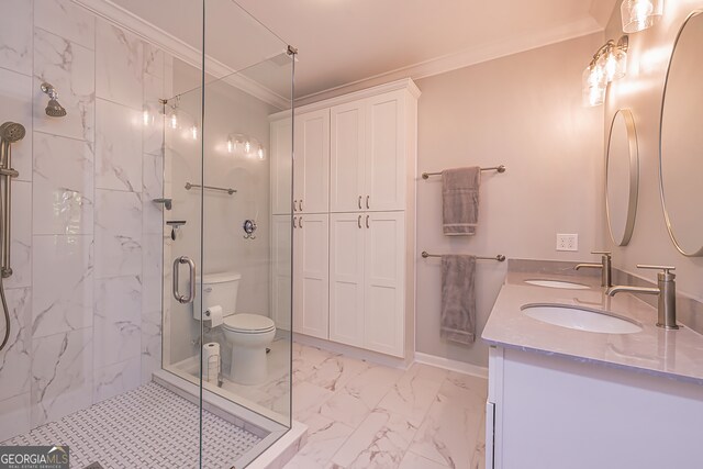 bathroom featuring ornamental molding, walk in shower, toilet, and vanity