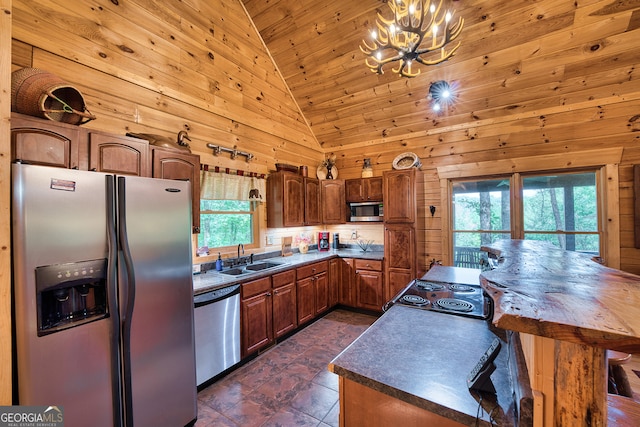 kitchen with high vaulted ceiling, appliances with stainless steel finishes, sink, and a wealth of natural light