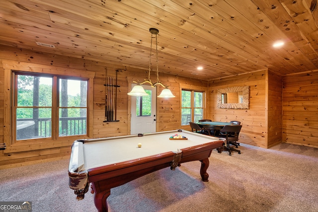 recreation room with pool table, carpet flooring, and plenty of natural light