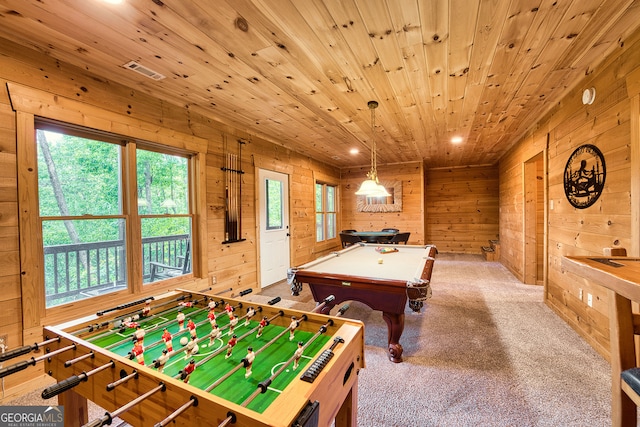 rec room with pool table, wood ceiling, carpet floors, and wood walls