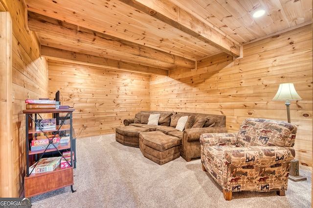 interior space with beamed ceiling, wooden walls, and wood ceiling