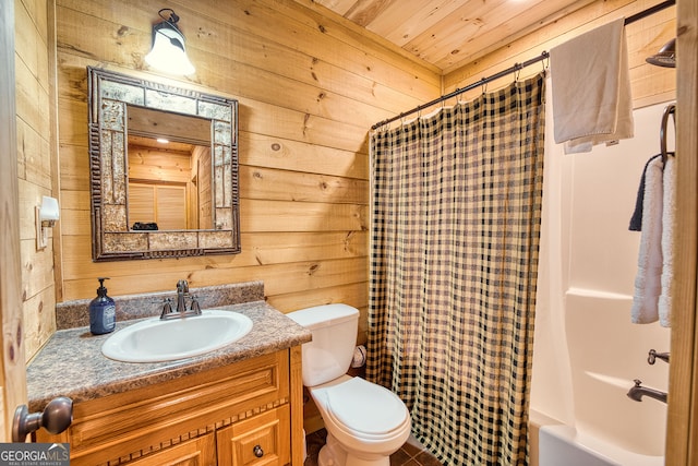 full bathroom featuring wood walls, toilet, wooden ceiling, vanity, and shower / bathtub combination with curtain