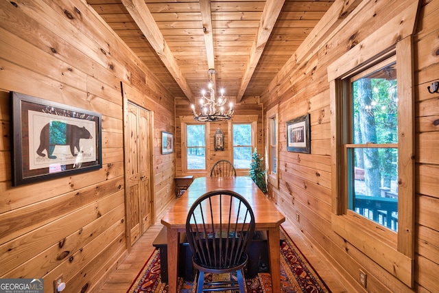 unfurnished dining area featuring wood ceiling, beam ceiling, wooden walls, hardwood / wood-style floors, and an inviting chandelier