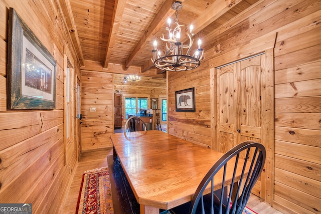 dining space with beamed ceiling, a chandelier, light hardwood / wood-style flooring, and wood walls