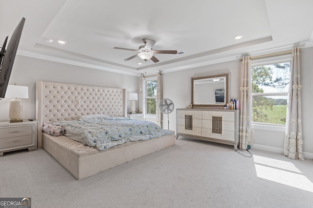 bedroom with ceiling fan, multiple windows, and a tray ceiling