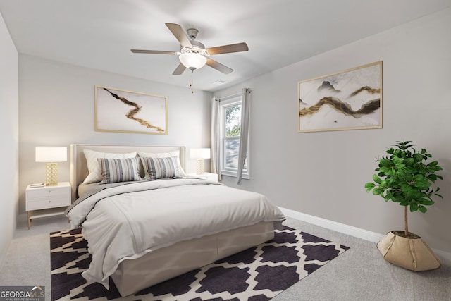 bedroom featuring ceiling fan and carpet floors