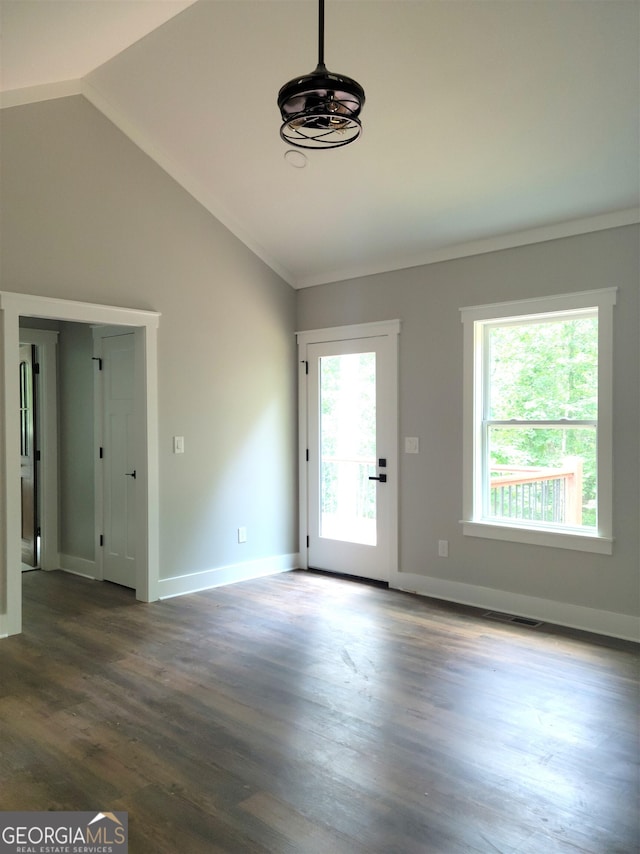 interior space with lofted ceiling, dark wood-type flooring, crown molding, and a wealth of natural light