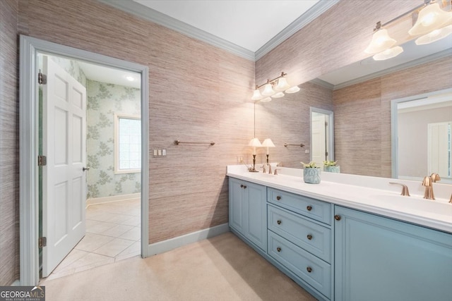 bathroom featuring vanity, ornamental molding, and tile patterned floors