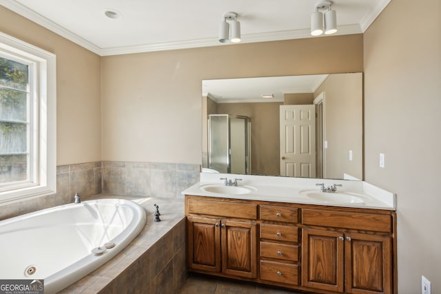 bathroom featuring vanity, crown molding, and plus walk in shower