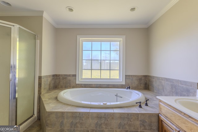 1201 Keencheefoonee Rd, Rutledge, GA 30663 - bathroom with a bath, vanity, ornamental molding, and a stall shower