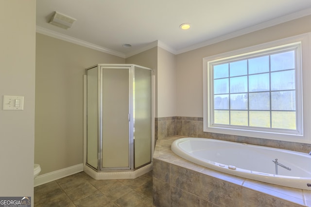 1201 Keencheefoonee Rd, Rutledge, GA 30663 - bathroom with toilet, baseboards, a shower stall, a garden tub, and ornamental molding