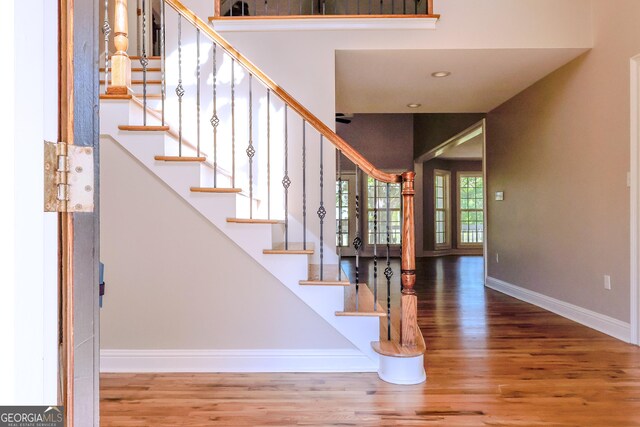 1201 Keencheefoonee Rd, Rutledge, GA 30663 - stairway with baseboards, wood finished floors, and recessed lighting