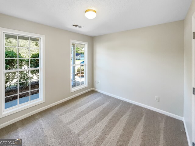 unfurnished room with a textured ceiling and carpet floors