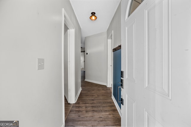 hall featuring a barn door and dark hardwood / wood-style floors